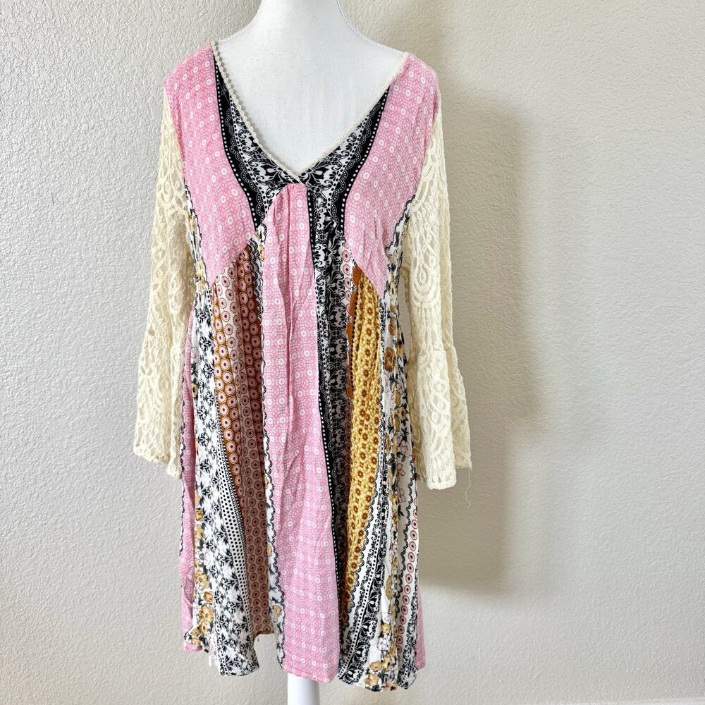 Kori America S7003 Dress Large Pink Patchwork Boho Lace Sleeve Babydoll Festival